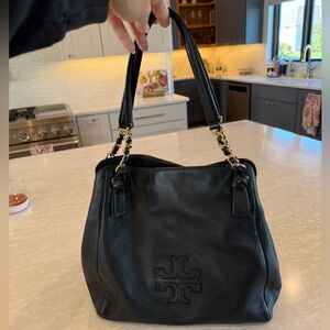 Tory Burch Black Leather Tote Bag with Chain Straps
